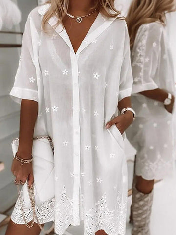 Woochic blouse robe avec poches imprimé neige motif évider col chemise femme décontracté ample Blanche S